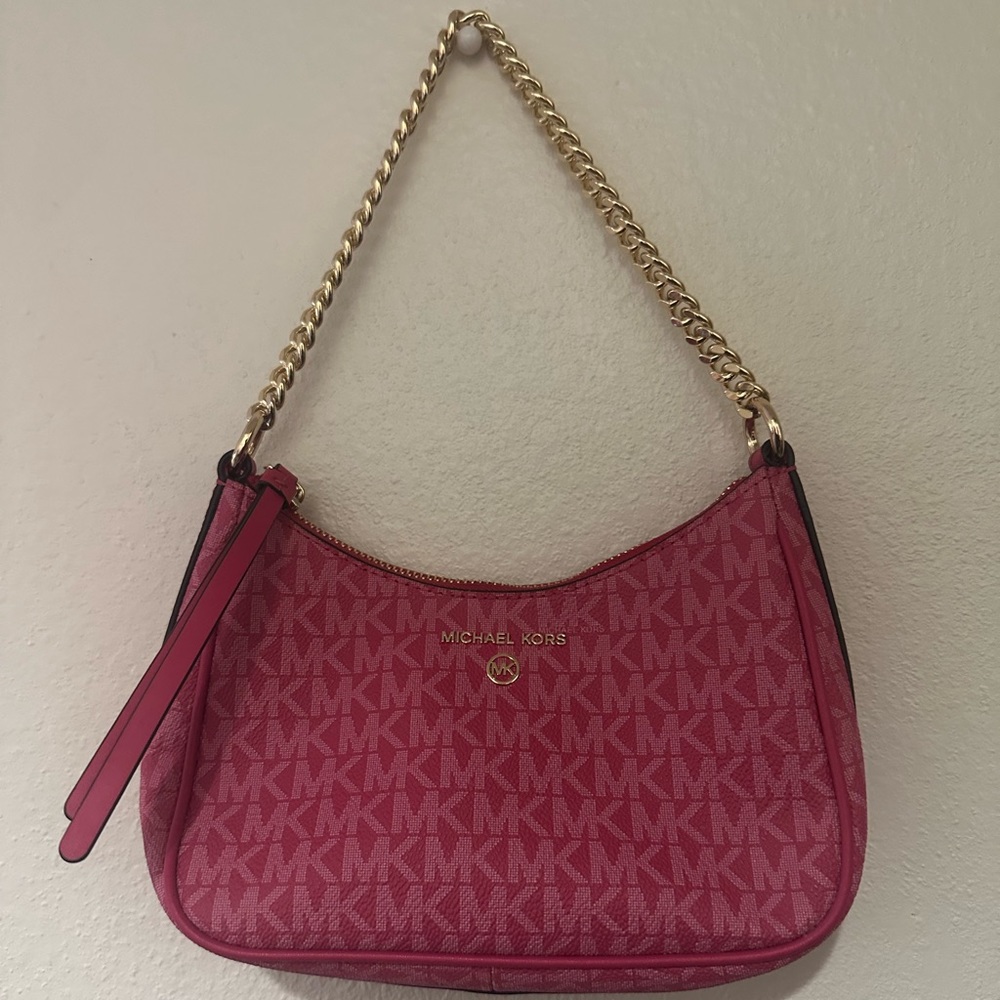 Michael Kors Pink Signature Coated Canvas and Leather Charm Pochette Bag